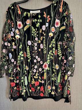 Caroline Rose Floral Mesh Sleeve Blouse in Black 1 X good